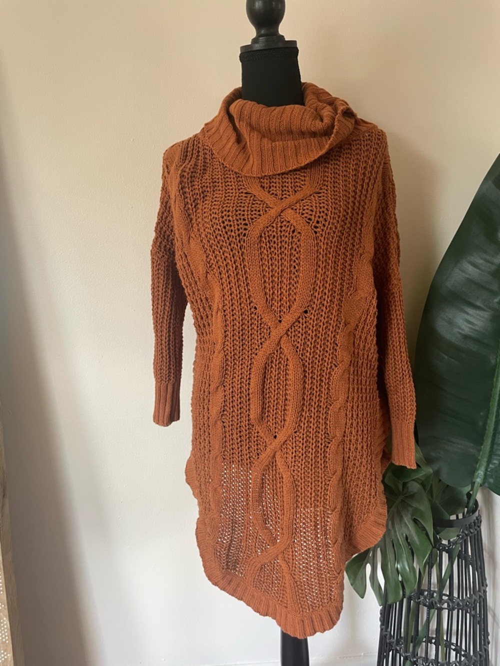 Express Cable Knit Cowl Neck Sweater Dress - Rust Orange